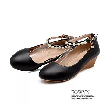 EOWYN.歐美時尚顯瘦新款圓頭珍珠釦環金屬垂飾百搭坡跟包鞋/娃娃鞋EMD01113-63/3色/34-39碼現貨+預購黑色34
