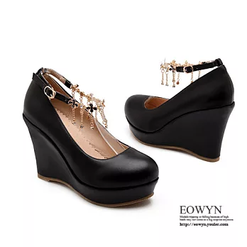 EOWYN.日韓甜美時尚百搭小清新花朵金屬水鑽垂飾釦環圓頭坡跟鬆糕包鞋EMD01114-73/3色/34-39碼現貨+預購黑色34