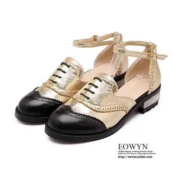 EOWYN.韓版時尚休閒舒適復古雕花圓頭釦環亮粉百搭粗中跟涼鞋/包鞋EMD01122-69/2色/34-39碼現貨+預購金色34
