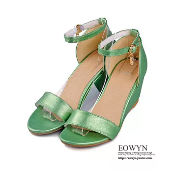 EOWYN.歐美時尚街頭美型寬版釦環水鑽垂飾百搭坡跟厚底楔形涼鞋EMD01144-63/4色/34-39碼現貨+預購綠色34