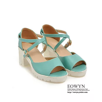 EOWYN.歐美時尚個性甜美糖果色魚嘴交叉釦帶百搭粗中跟涼鞋EMD01153-64/3色/34-39碼現貨+預購藍色34