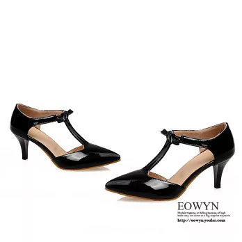 EOWYN.2015夏季新款韓版簡約舒適OL尖頭釦環甜美蝴蝶結羅馬細跟T字涼鞋EMD01072-58/2色/34-39碼現貨+預購黑色34