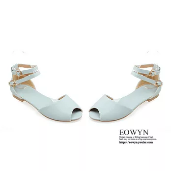 EOWYN.2015夏季歐美新品甜美魚嘴金屬釦環圓頭舒適百搭平底涼鞋EMD01067-52/3色/34-39碼現貨+預購藍色34