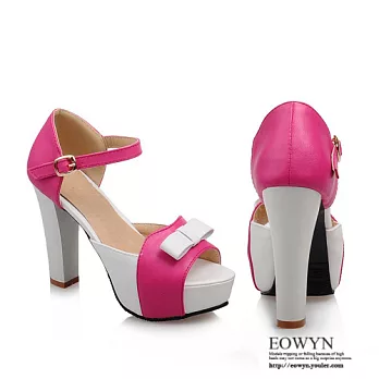 EOWYN.韓版時尚甜美拼色蝴蝶結金屬釦環魚嘴顯瘦百搭粗高跟涼鞋EMD01098-58/3色/34-39碼現貨+預購紅色34