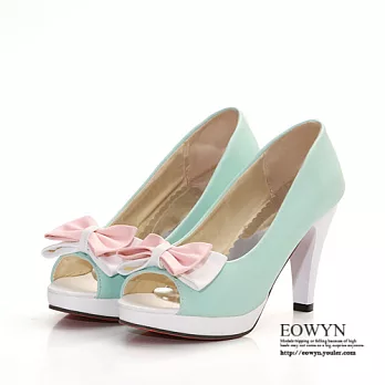 EOWYN.歐美時尚甜美拼色蝴蝶結淺口顯瘦高粗跟涼鞋.魚口鞋EMD01103-48/3色/34-39碼現貨+預購藍色34