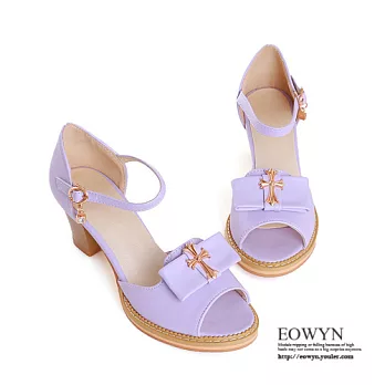 EOWYN.2015夏季中跟鞋韓版學院風魚嘴蝴蝶結釦環垂飾粗跟涼鞋EMD01132-58/4色/34-39碼現貨+預購紫色34