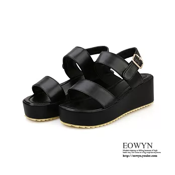 EOWYN.2015時尚新款簡約舒適寬版釦環百搭坡跟厚底鬆糕涼鞋EMD01146-58/4色/34-39碼現貨+預購黑色34