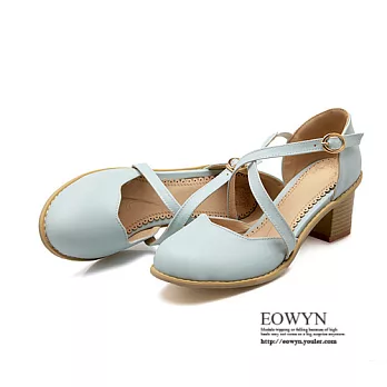 EOWYN.歐美時尚百搭荷葉邊交叉釦帶側空圓頭粗中跟包鞋/涼鞋EMD01152-59/3色/34-39碼現貨+預購藍色34