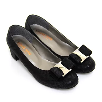 【Pretty】知性沉穩蝴蝶結金扣粗低跟鞋22.5黑色