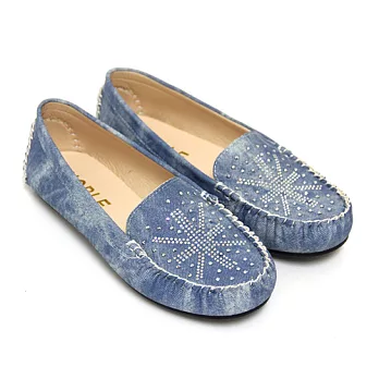 【Pretty】經典英國旗鑽飾帆布莫卡辛平底鞋37藍色