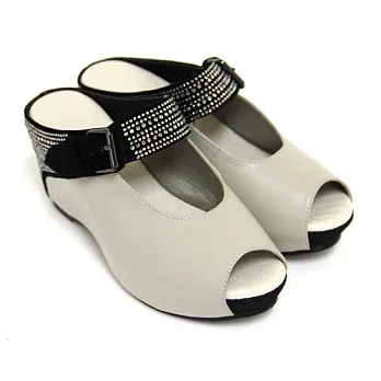 ◤Green Phoenix◥復古閃耀水鑽金屬飾扣挖空全真皮內增高魚口拖鞋34米色