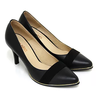 ◤Green Phoenix◥典雅主義一字異材質金邊條全真皮尖頭高跟鞋4黑色