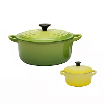 LE CREUSET-圓形鑄鐵鍋(棕櫚綠.直徑20cm) + 迷你圓形瓷器烤盅(閃亮黃)