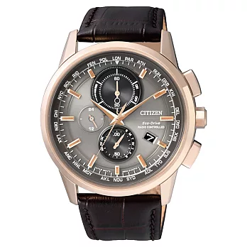 CITIZEN Eco-Drive 超時空武者電波計時皮帶腕錶-淡金框灰x深咖啡