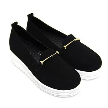 【Pretty】韓系一字金屬厚底平底包鞋22.5黑色