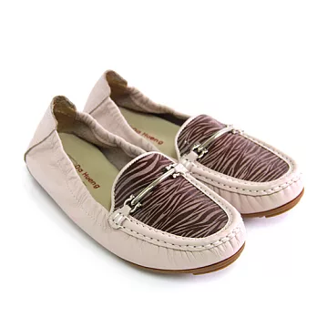 Green Phoenix一字金屬斑馬紋束口全真皮平底豆豆鞋35粉紅