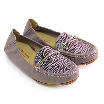 Green Phoenix一字金屬斑馬紋束口全真皮平底豆豆鞋35芋色