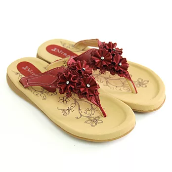 Green Phoenix全真皮立體小花朵水鑽花邊夾腳平底拖鞋35紅色