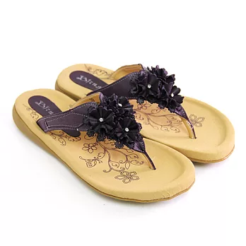 Green Phoenix全真皮立體小花朵水鑽花邊夾腳平底拖鞋35紫色