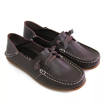 Green Phoenix RED ANT全真皮綁帶縫線平底兩穿休閒帆船鞋37咖啡