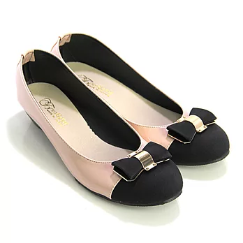 【Pretty】甜美蝴蝶結金屬飾扣拼接楔型低跟娃娃鞋23粉紅