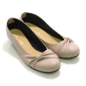 【Pretty】簡約蝴蝶結面楔型圓頭低跟鞋23.5膚色