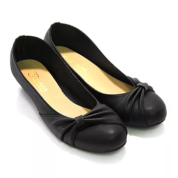 【Pretty】簡約蝴蝶結面楔型圓頭低跟鞋23.5黑色