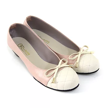 【Pretty】優雅格紋拼接朵結楔型娃娃低跟鞋23粉紅