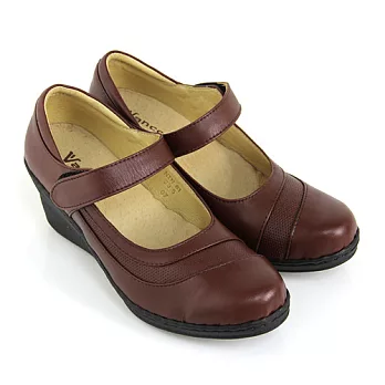 ◤Green Phoenix◥全真皮簡單線條沾黏式手縫氣墊楔型休閒娃娃鞋23咖啡