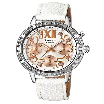 CASIO SHEEN 藝術造詣的迷人風采時尚優質皮革腕錶-白-SHE-3036L-7A2