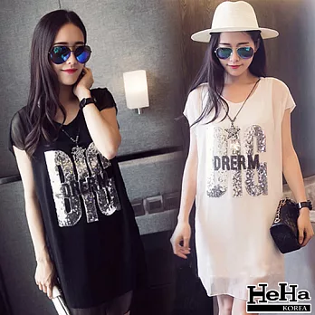 洋裝 假兩件拼接紗字母短袖連身裙 二色-HeHa-L(白色)