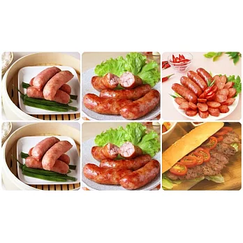 【食在安市集】賣福:家庭團圓香腸組合六入-原味*2+蒜味*2+辣味*1+羅勒*1