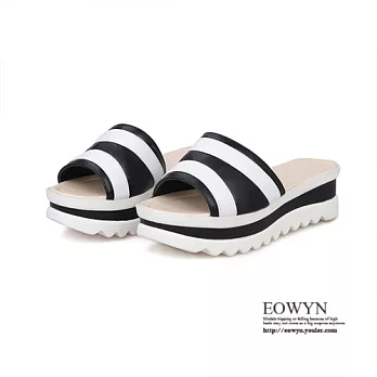 EOWYN.韓系時尚簡約舒適涼鞋甜美拼色魚嘴百搭坡跟厚底鬆糕拖鞋EMD01193-62/1色/34-39碼現貨+預購黑白色34