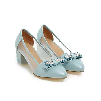 EOWYN.歐洲站魚嘴水鑽涼鞋甜美蝴蝶結尖頭百搭粗中跟包鞋EMD01194-68/3色/34-39碼現貨+預購藍色34