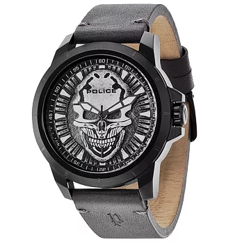 POLICE Reaper暗黑狂潮個性腕錶-黑框灰皮帶
