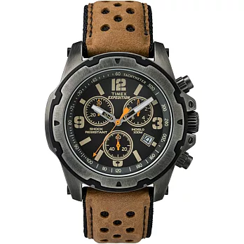 TIMEX 精密準則三眼計時腕錶-黑x咖啡皮帶