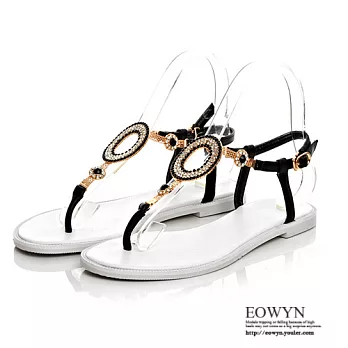 EOWYN.歐美時尚獨特設計新款水鑽釦環百搭舒適平底夾腳涼鞋EMD01204-93/2色/34-39碼現貨+預購黑色34