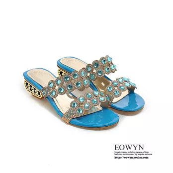 EOWYN.時尚個性奢華水鑽巴黎香頌洋氣百搭異形跟粗中跟涼拖鞋EMD01218-65/2色/34-39碼現貨+預購藍色34