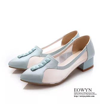 EOWYN.歐美大牌時尚簡約涼鞋網紗鉚釘百搭粗低跟包鞋EMD01214-58/3色/34-39碼現貨+預購藍色34