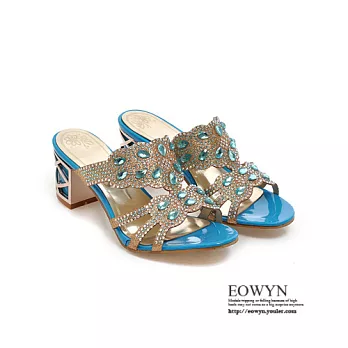 EOWYN.異國風情別緻性感時尚奢華水鑽百搭粗中跟涼拖鞋EMD01219-70/2色/34-39碼現貨+預購藍色34