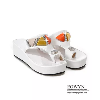 EOWYN.歐美時尚個性彩色水鑽百搭夾腳厚底鬆糕涼拖鞋EMD01224-69/2色/34-39碼現貨+預購白色35