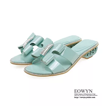 EOWYN.日系時尚繽紛夏日閃耀水鑽甜美蝴蝶結粗中跟涼拖鞋EMD01226-84/2色/34-39碼現貨+預購藍色34