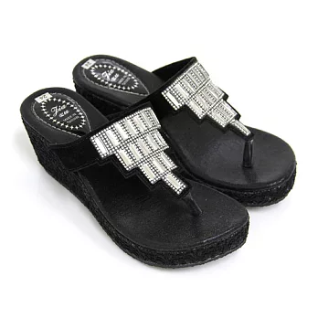 【Pretty】炫麗閃耀壓克力鑽蕾絲厚底楔型夾腳拖鞋24黑色