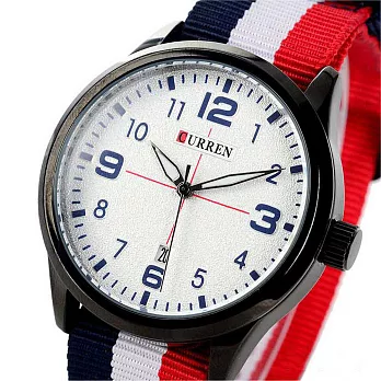 【CURREN】休閒風霸氣軍用帆布錶(8195)(三線藍白紅)