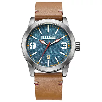 JEEP SPIRIT 翻玩丹寧休閒皮帶錶-銀框藍x淺咖啡色皮帶
