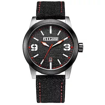 JEEP SPIRIT 翻玩丹寧休閒皮帶錶-黑x牛仔布皮帶