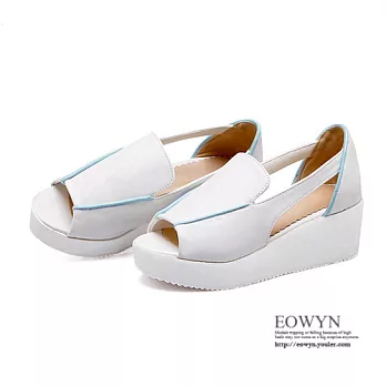 EOWYN.日韓系簡約優雅時尚甜美拼色魚嘴鏤空百搭坡跟厚底鬆糕涼鞋EMD01249-62/4色/34-39碼現貨+預購藍色34
