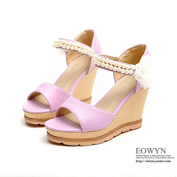 EOWYN.時尚繽紛夏日性感顯瘦百搭甜美花朵珍珠坡跟厚底楔形涼鞋EMD01259-80/4色/34-39碼現貨+預購紫色34