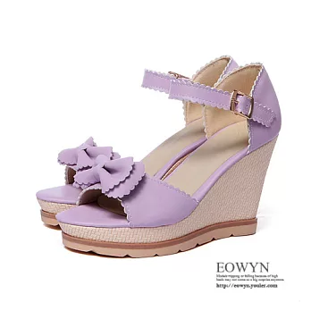 EOWYN.韓系時尚甜美花邊蝴蝶結金屬釦環百搭坡跟厚底楔形涼鞋EMD01261-80/4色/34-39碼現貨+預購紫色34