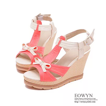 EOWYN.韓系時尚優雅百搭休閒拼色甜美蝴蝶結釦環坡跟厚底楔形涼鞋EMD01264-80/3色/34-39碼現貨+預購紅色38